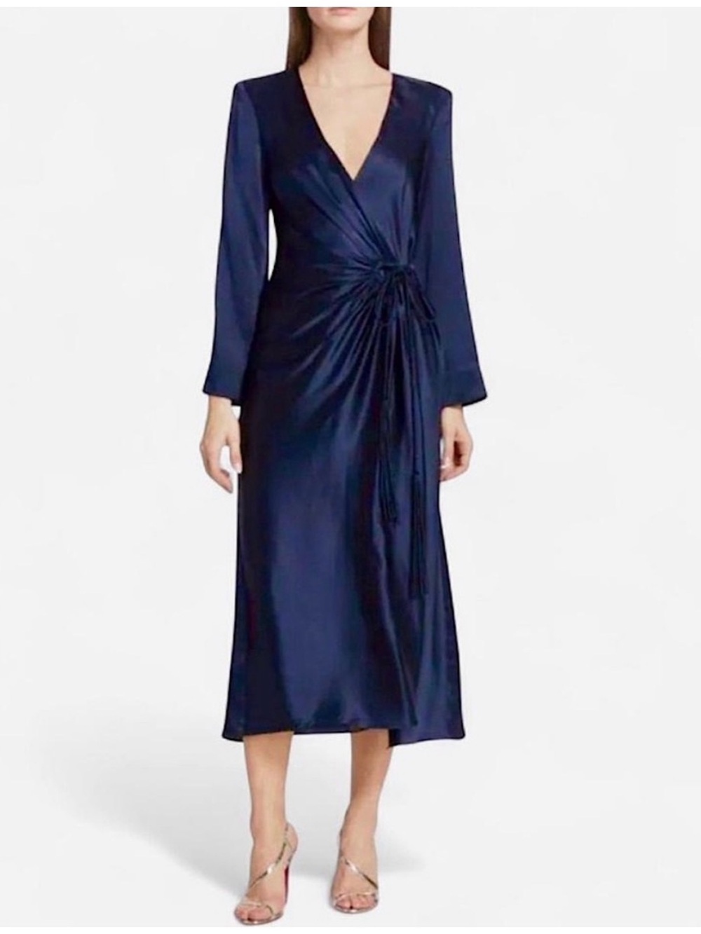 cinq a sept Navy Satin Wrap Midi Dress with Knot Detail